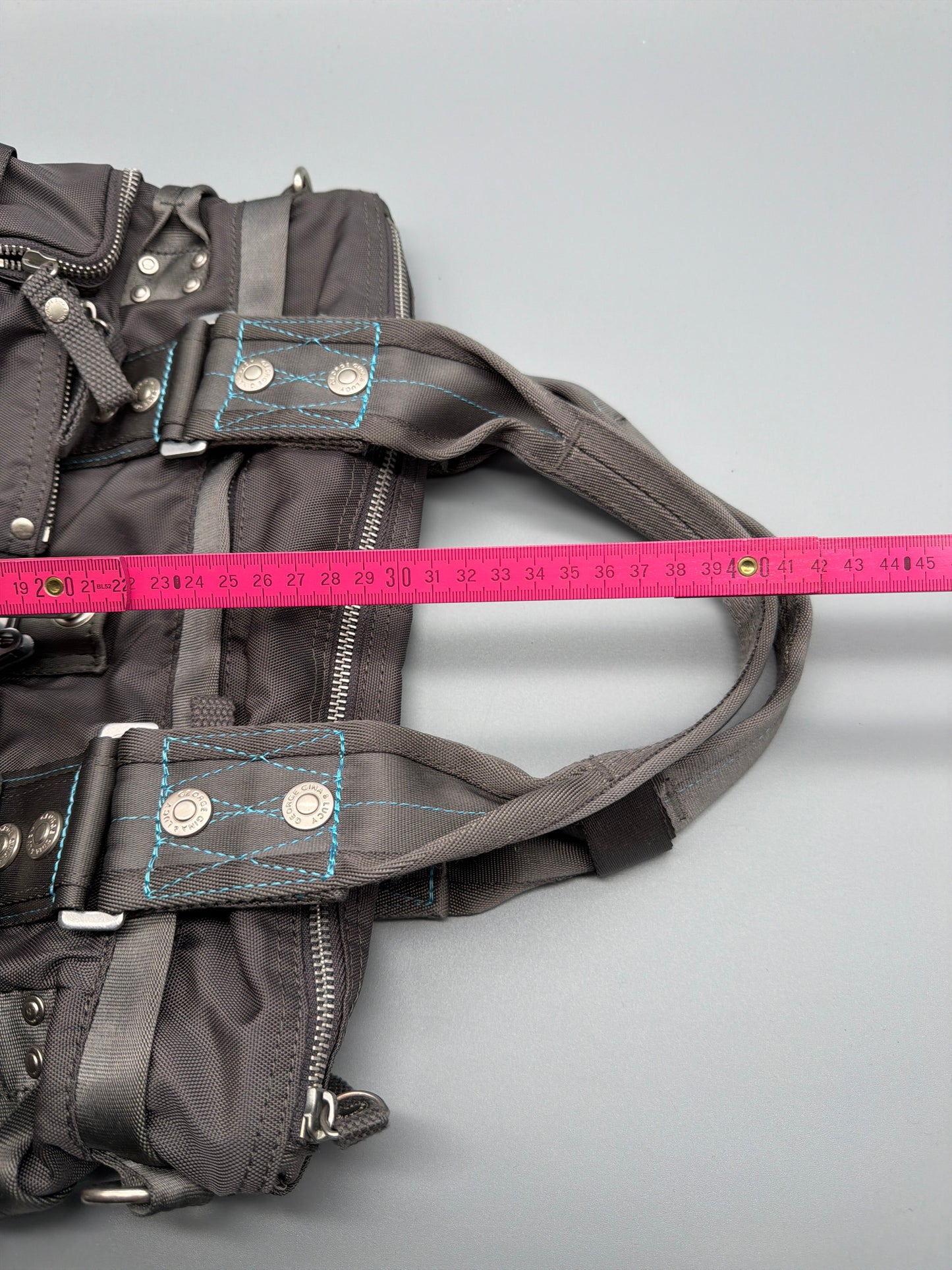 George Gina & Lucy "6IX" Nylon Shoulder Bag - Dark Grey / Aqua Contrast Stitches