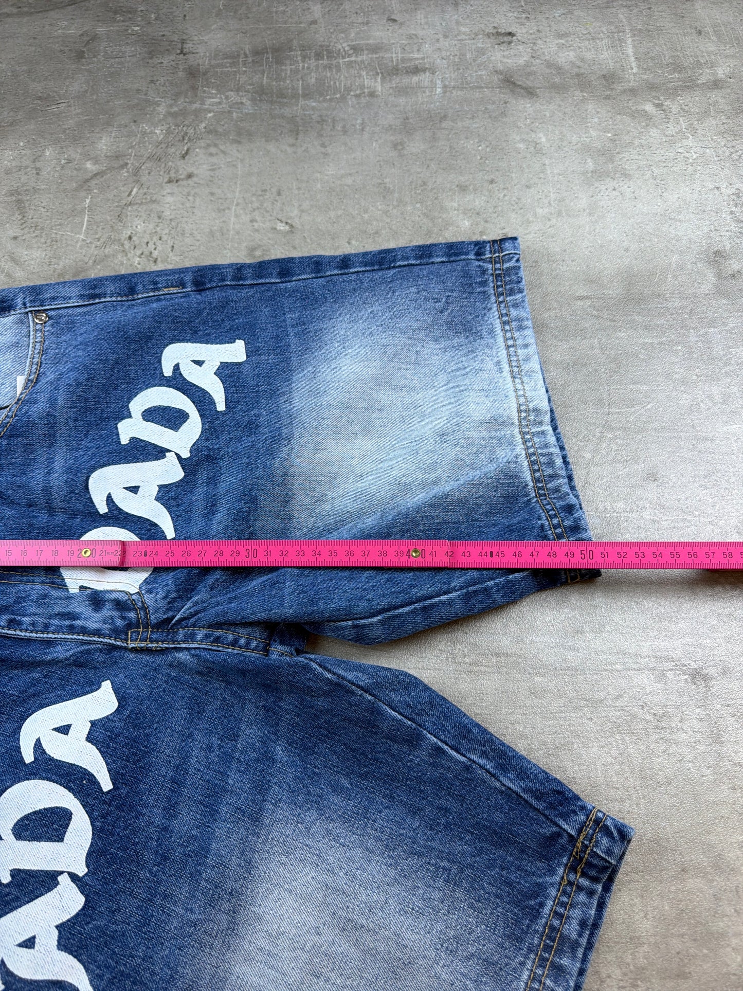 Dada Supreme Y2K Graphic Spellout Denim Baggy Jorts - Bleached Light Blue