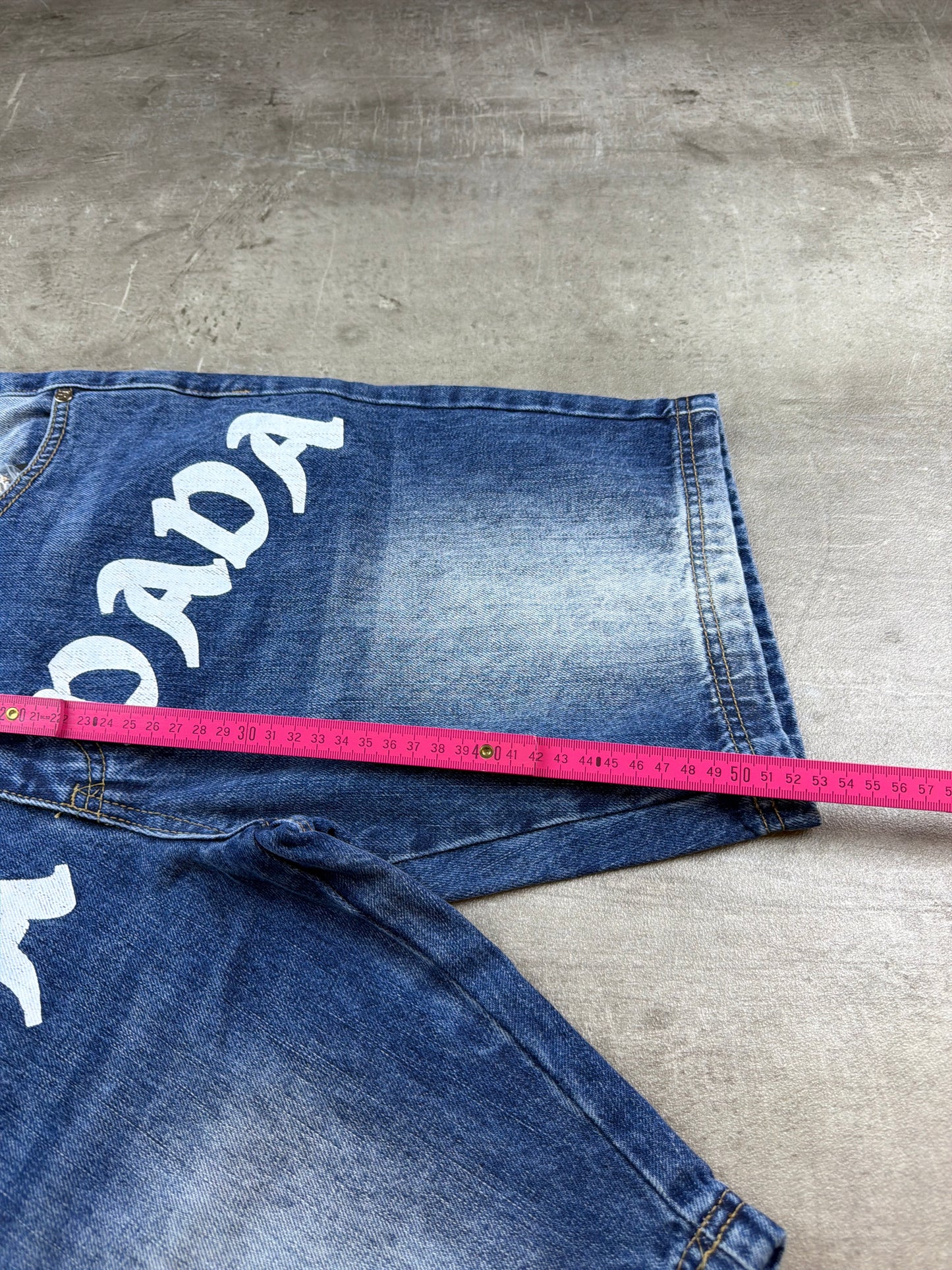 Dada Supreme Hip Hop Baggy Denim Jorts – Acid Washed / Printed Blue