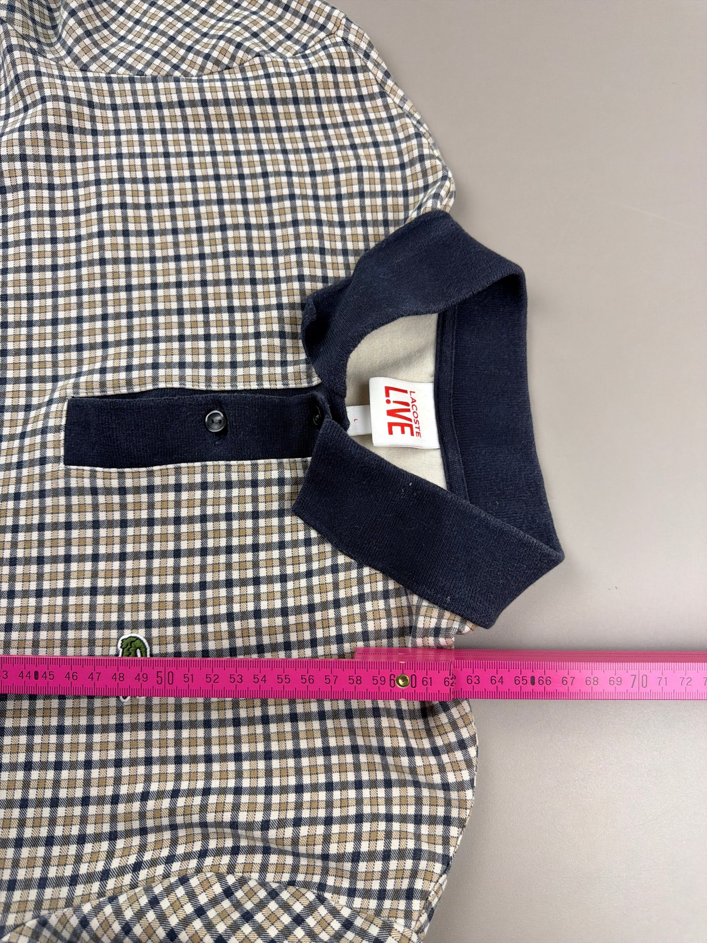 Lacoste L!VE Archive "Checkered" Longsleeve Polo - Navy & Beige