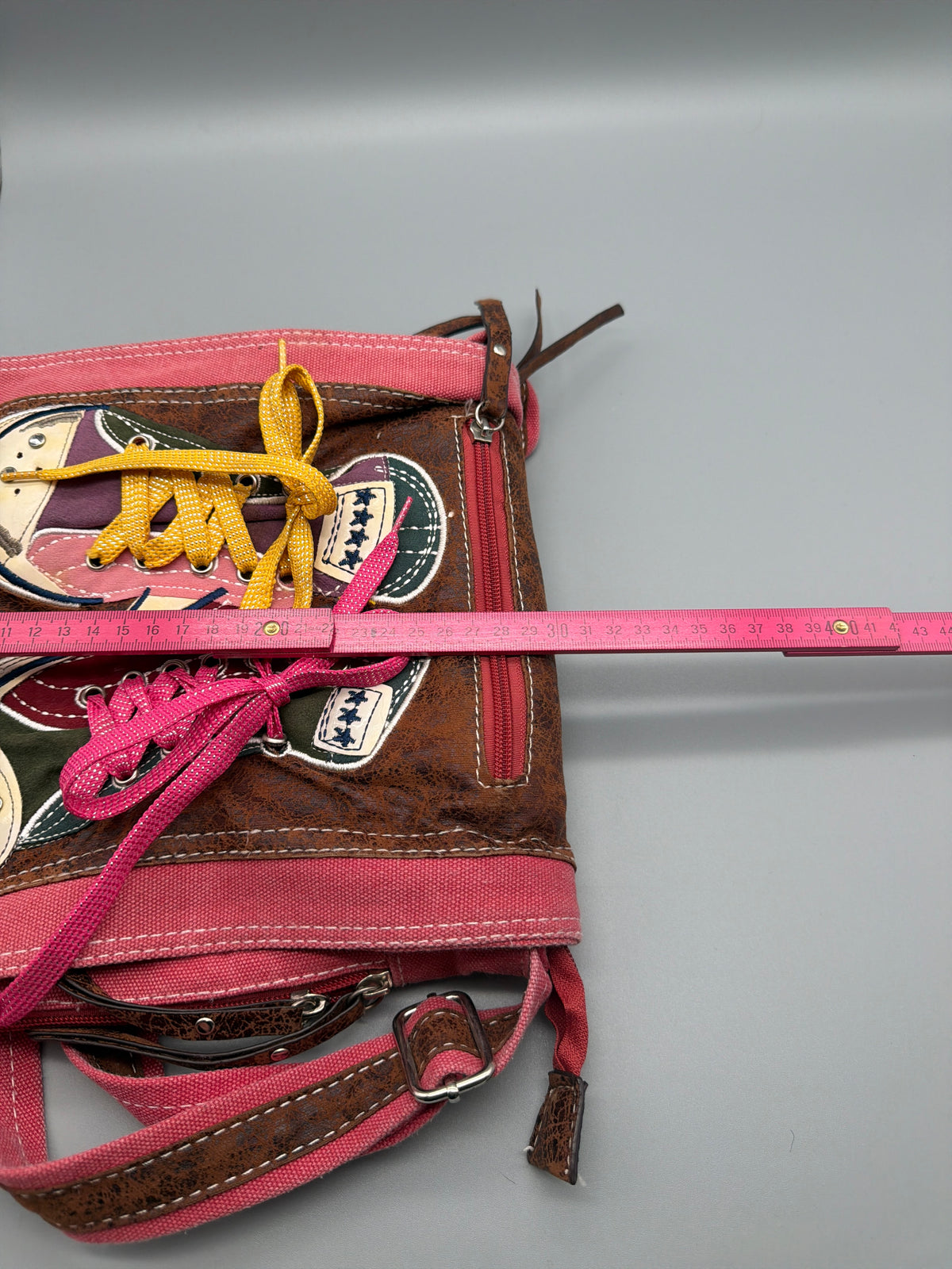 Vintage Y2K Sneaker Applique Canvas Crossbody Bag - Pink / Brown - Past Pieces