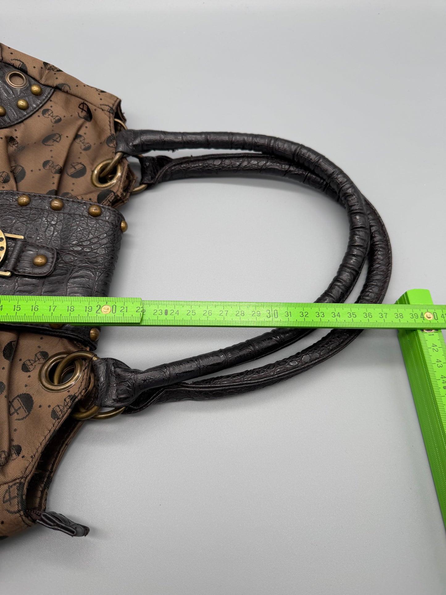 Gussaci Archive Monogram Studded Shoulder Bag - Brown Faux Croc & McBling