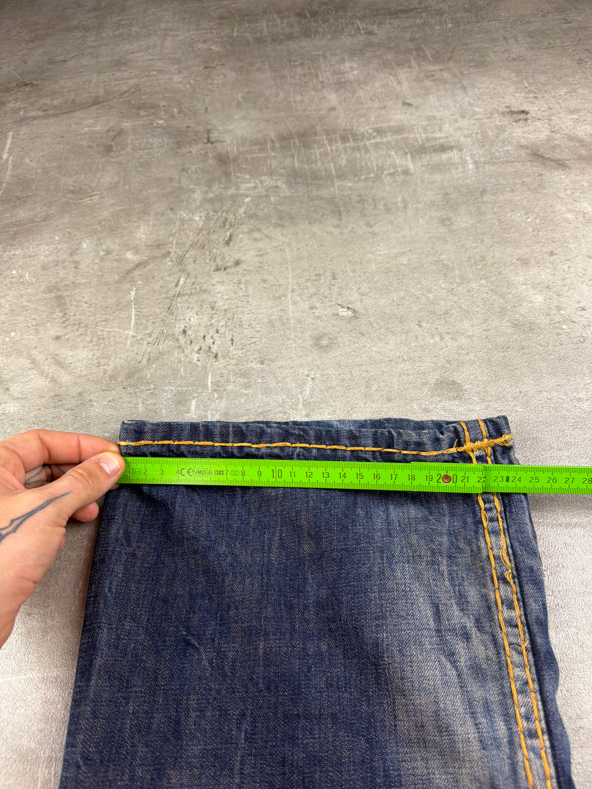 Fake & Fraudy Y2K Bell Bottom Distressed Denim - Washed Blue / Orange Stitch - Past Pieces