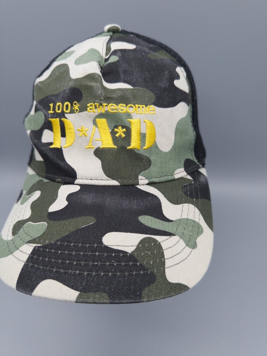 "100% Awesome Dad" Graphic Camo Trucker Cap - Earthy Yellow - Past Pieces