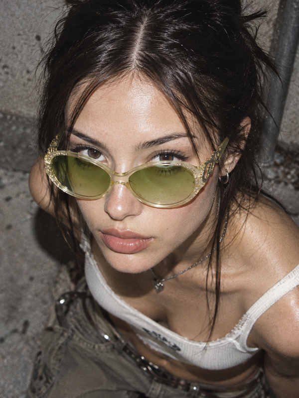 Y2K Rhinestone Shield "Fiorucci" Sunglasses - Clear / Green Tint