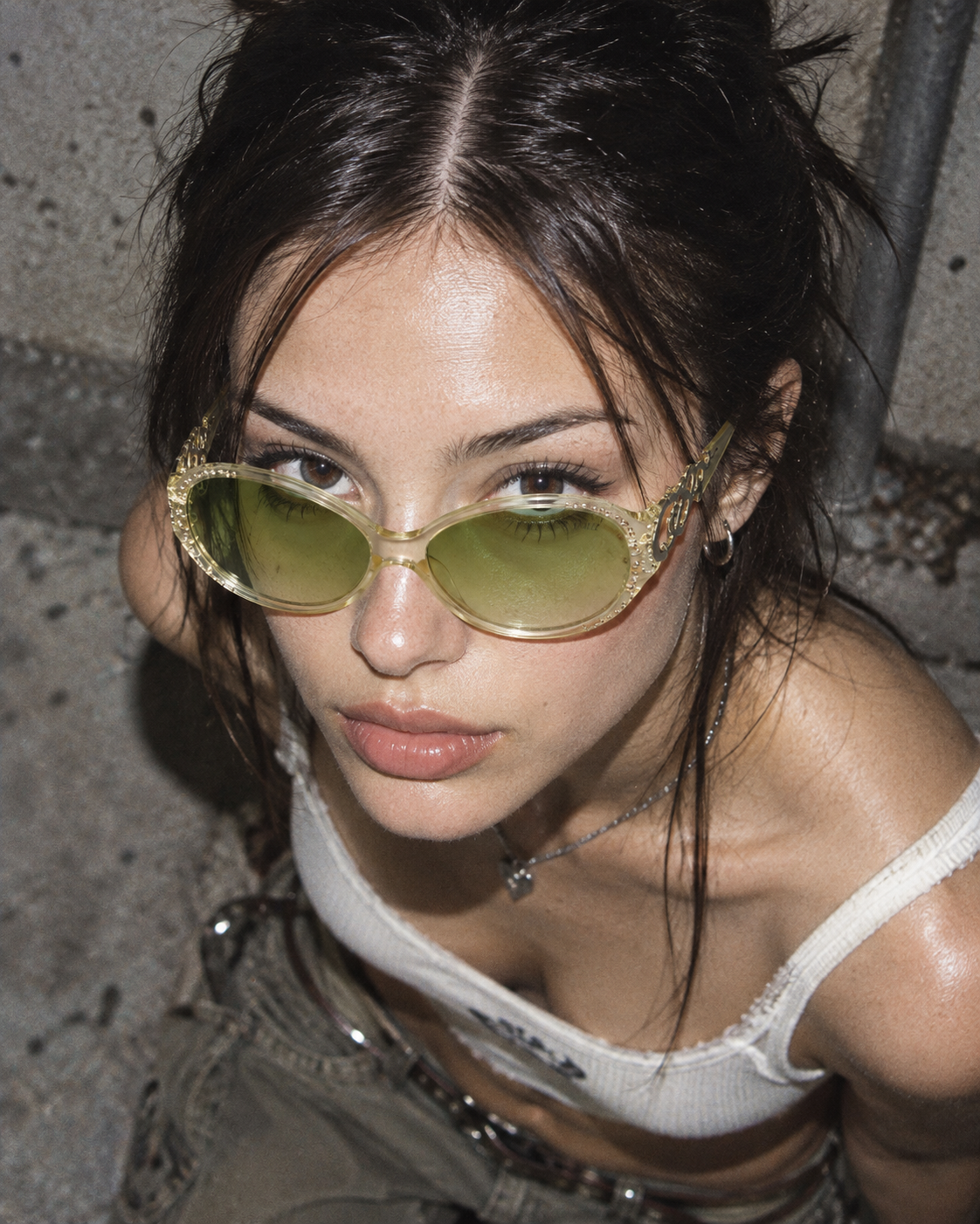 Y2K Rhinestone Shield "Fiorucci" Sunglasses - Clear / Green Tint