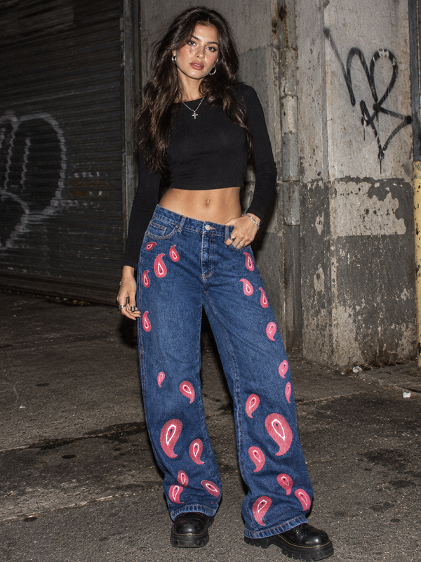 Ravani Berlin Paisley Custom Graphic Denim Pants – Blue/Red