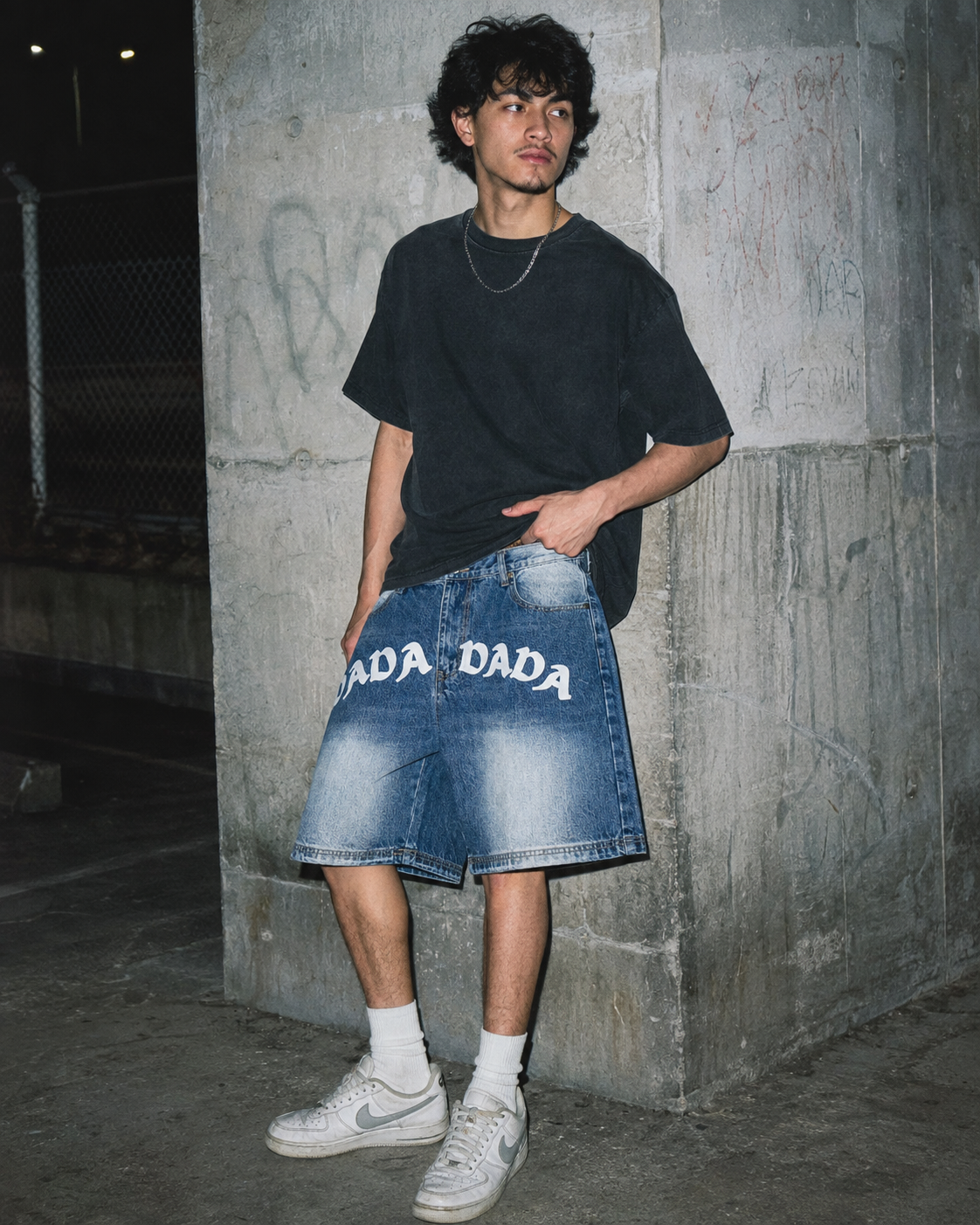 Dada Supreme Y2K Graphic Spellout Denim Baggy Jorts - Bleached Light Blue