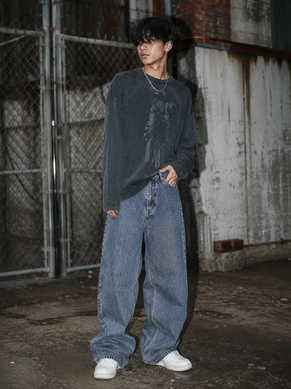 Hardcore Jeanswear Acid Wash Baggy Denim Jeans – Stonewashed Blue Y2K Skater Aesthetic