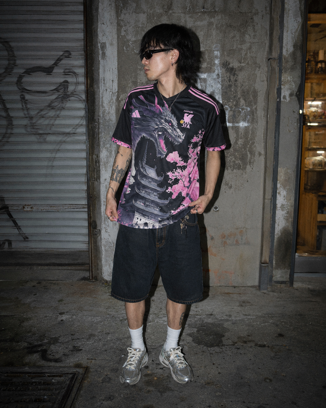 Adidas x Japan "Dragon & Sakura" Special Edition Jersey - Black / Pink Y2K Cyber