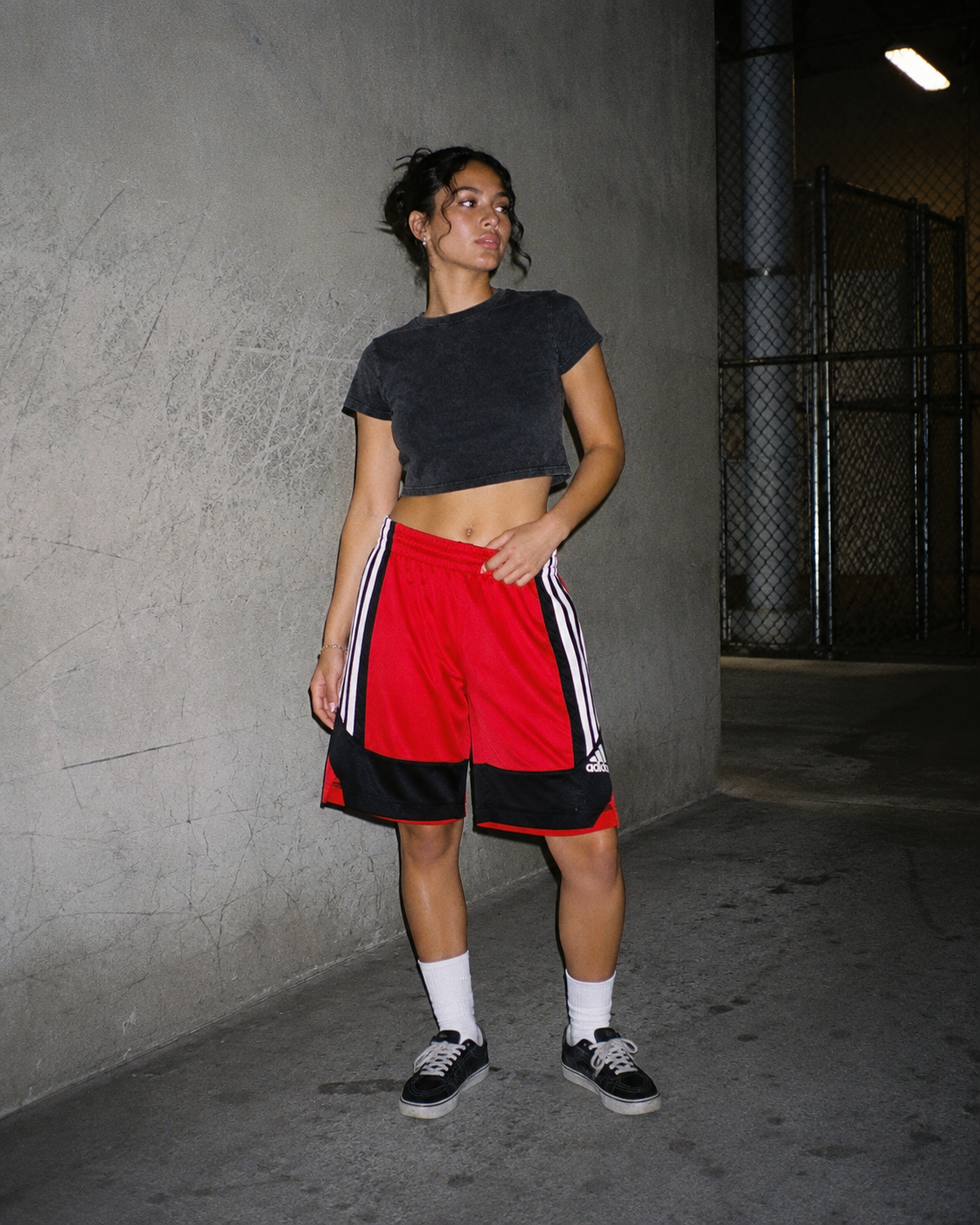 Adidas Three Stripe "Basketball Block" Sport Shorts - Red / Black / White