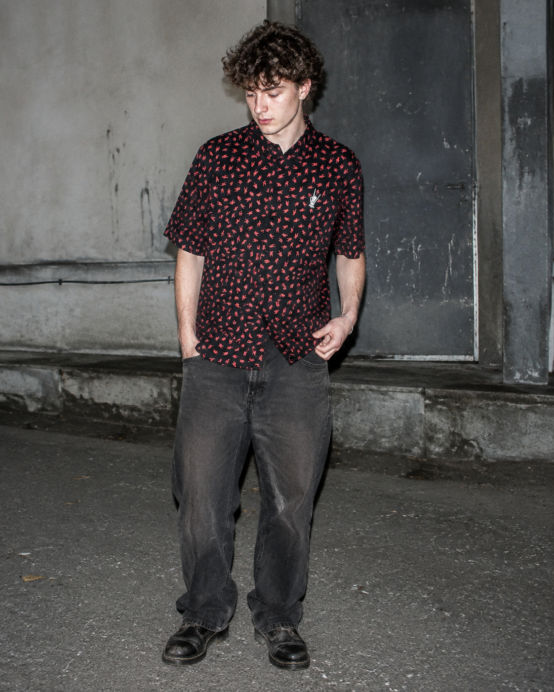 Diesel Archive "Rock Signs" All-Over Print Short Sleeve Shirt - Grunge Dark Aesthetic