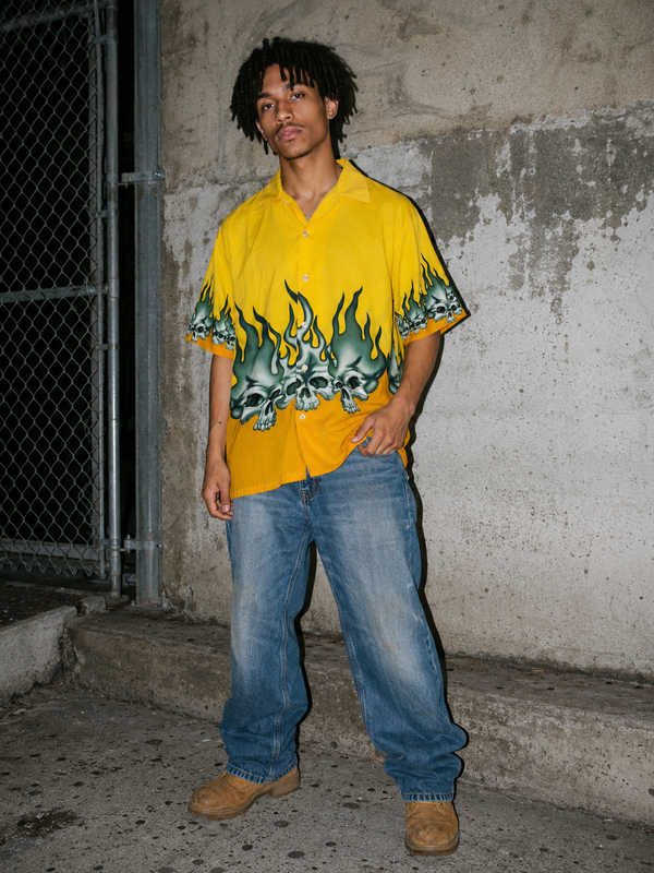 Vintage 2000s Flame Skulls All-Over Bowling Shirt – Yellow / Cyber Grunge