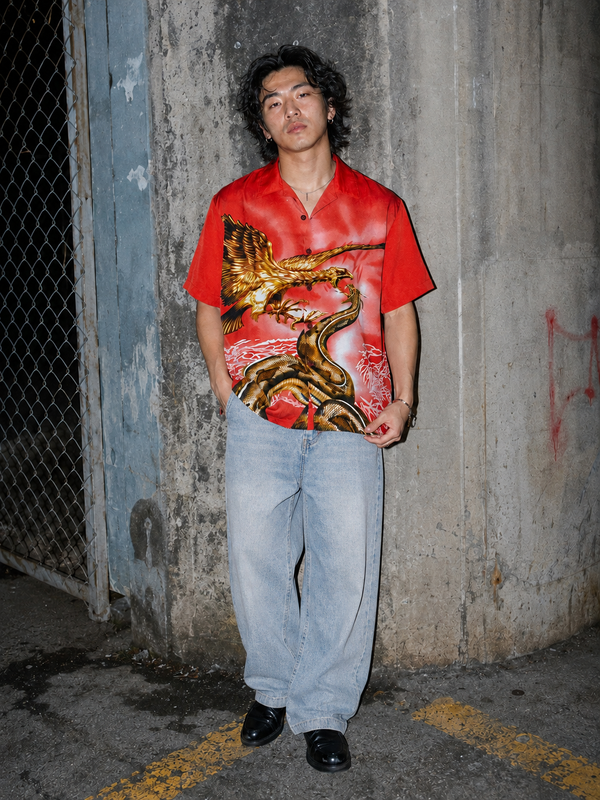 Vintage Y2K "Eagle & Serpent" Resort Shirt - Crimson Red Graphic Print