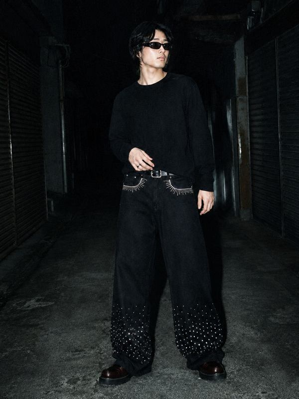 Le Voleur Archive "Rhinestone" Baggy Denim - Black Y2K Cyber