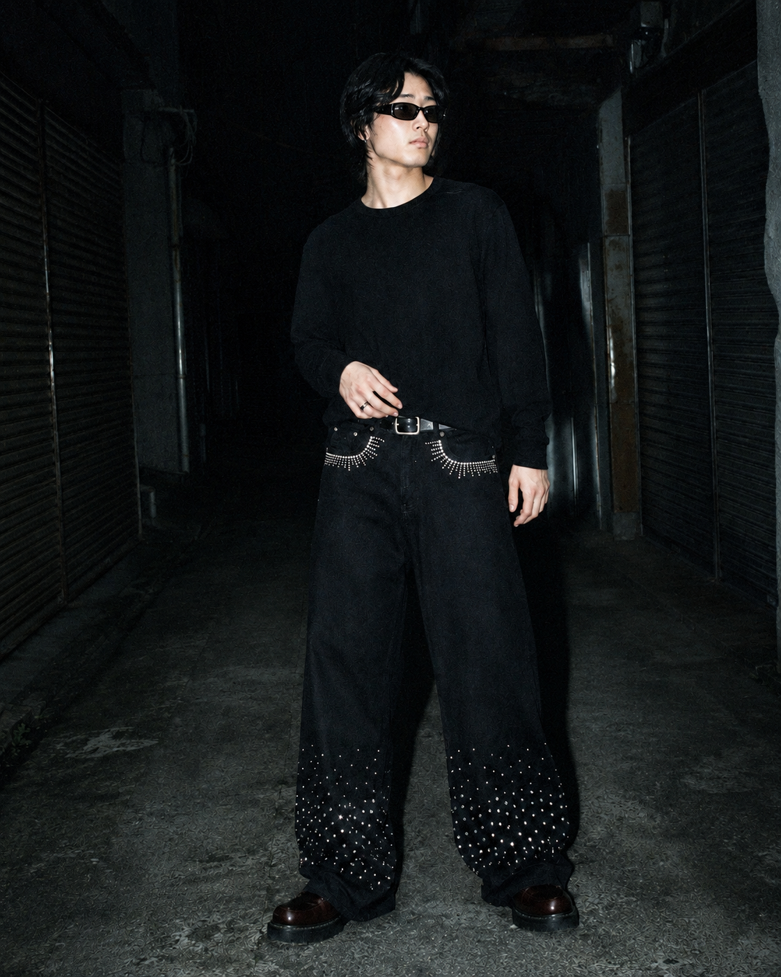 Le Voleur Archive "Rhinestone" Baggy Denim - Black Y2K Cyber