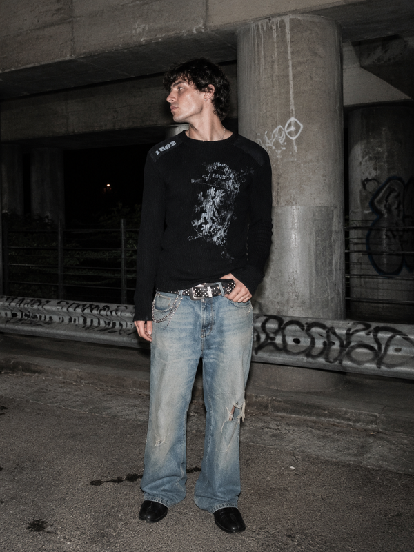 Y2K Cyber Grunge "1802" Ribbed Knit Sweater - Faded Black