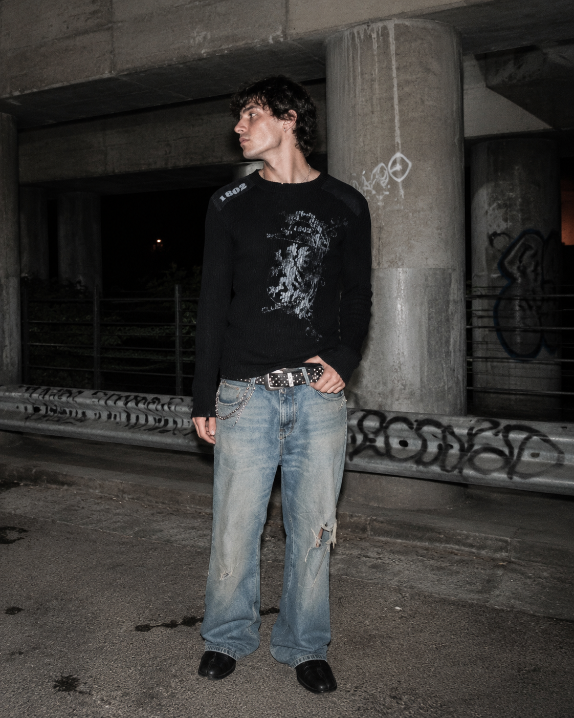 Y2K Cyber Grunge "1802" Ribbed Knit Sweater - Faded Black
