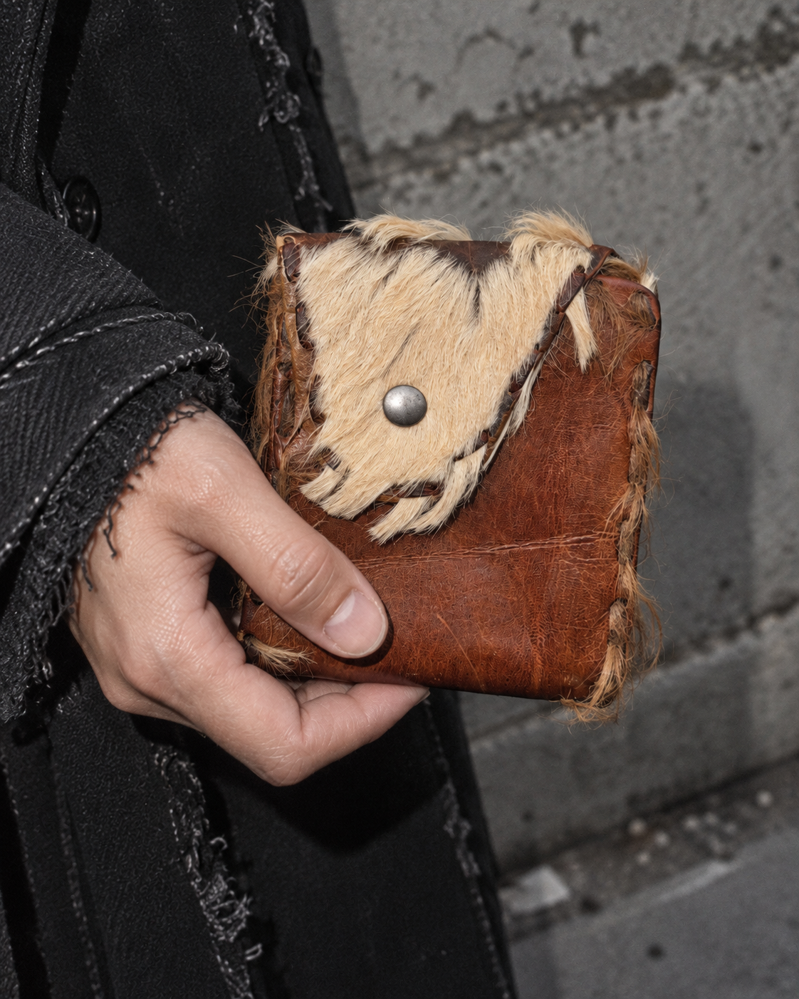 Vintage Fur & Leather Detail Wallet - Brown / Western Y2K
