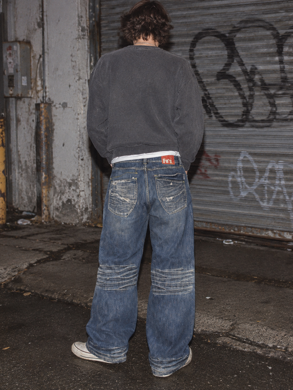 Fu's Fashion Jeans Y2K Baggy Denim - Blue Washed Distressed