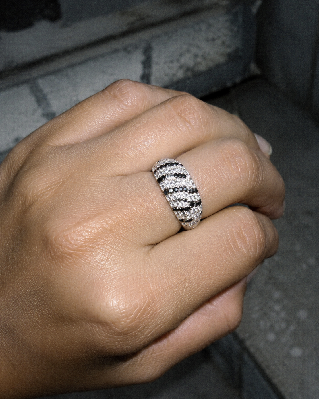 Pierre Lang Y2K Crystal Statement Band Ring – Silver / Black Zebra Animal Print