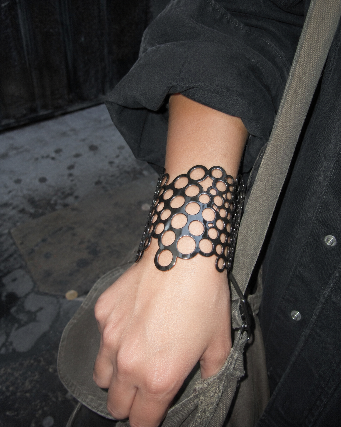 Pierre Lang Cyber Cut-Out Statement Cuff Bracelet - Metallic Black / Gunmetal