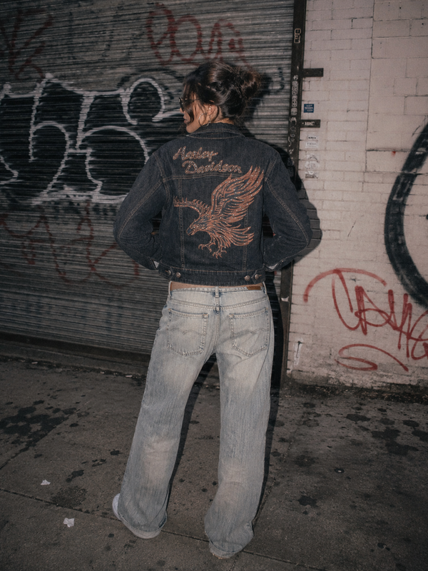 Harley-Davidson Y2K Eagle Studded Cropped Denim Jacket - Washed Black