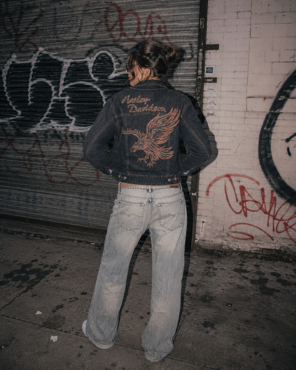Harley-Davidson Y2K Eagle Studded Cropped Denim Jacket - Washed Black