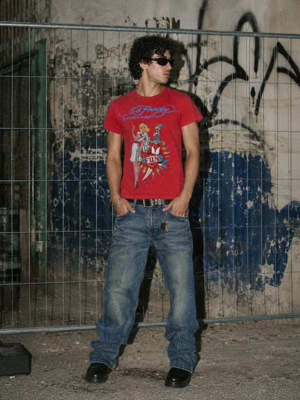 Ed Hardy by Christian Audigier Rhinestone Nurse Graphic Tee - Red