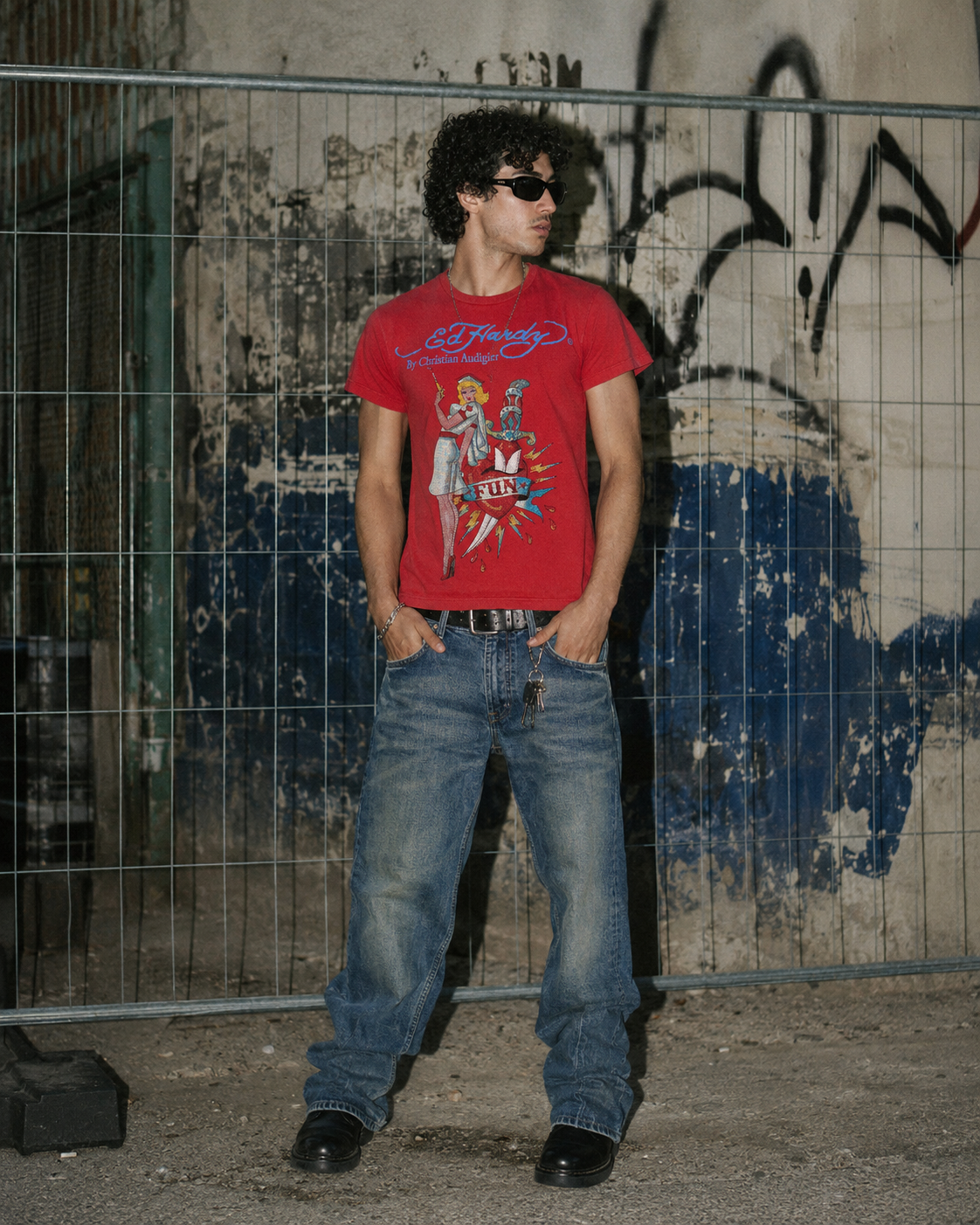 Ed Hardy by Christian Audigier Rhinestone Nurse Graphic Tee - Red