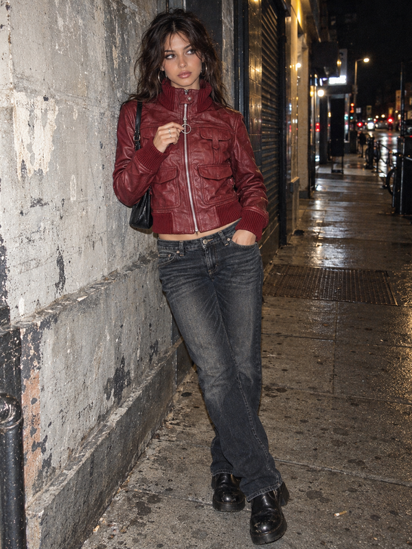 Y2K Chunky Knit Collar Biker Leather Jacket - Burgundy Red