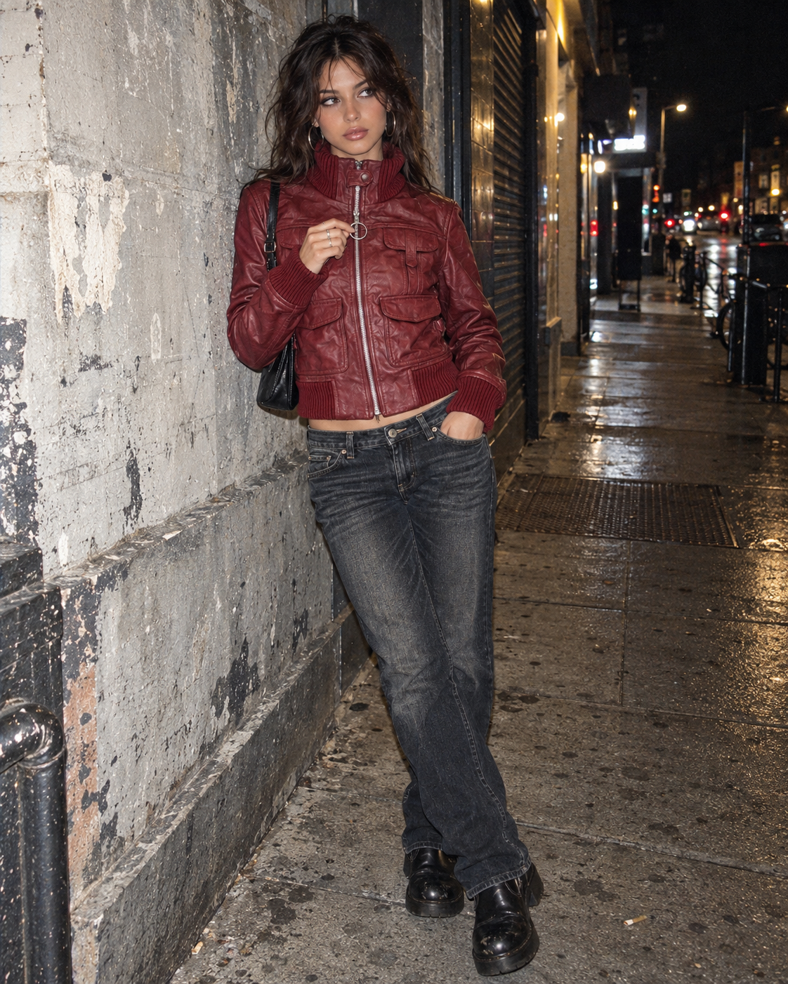 Y2K Chunky Knit Collar Biker Leather Jacket - Burgundy Red