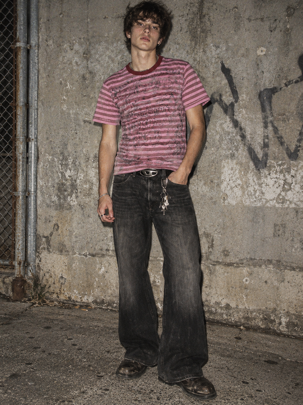 Berto Lucci Striped Graphic Print Tee - Pink / Red