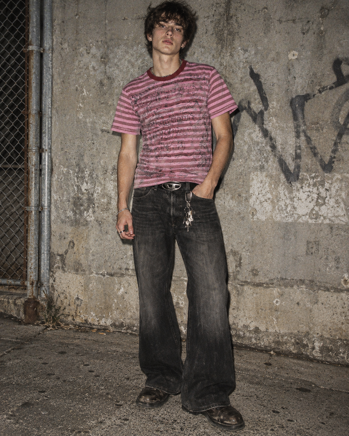 Berto Lucci Striped Graphic Print Tee - Pink / Red