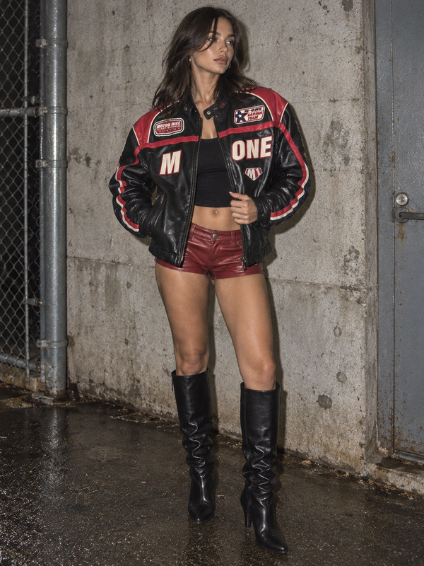 M-One Racing Team "Motor Bike Winners" Leather Biker Jacket - Black/Red