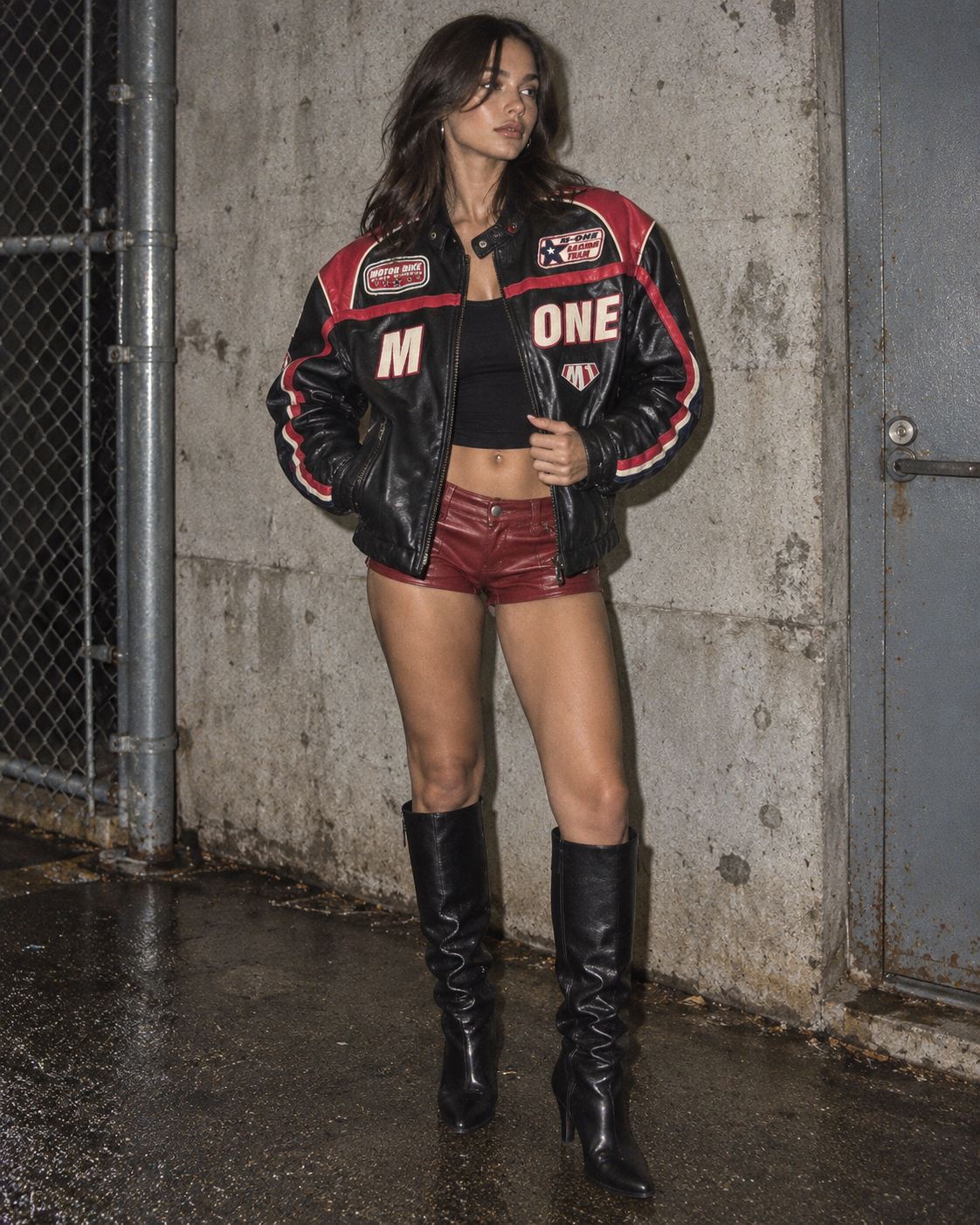 M-One Racing Team "Motor Bike Winners" Leather Biker Jacket - Black/Red