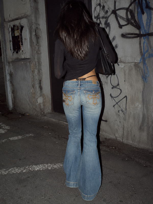 Y2K Cross Rhinestone Bootcut Denim - Light Blue