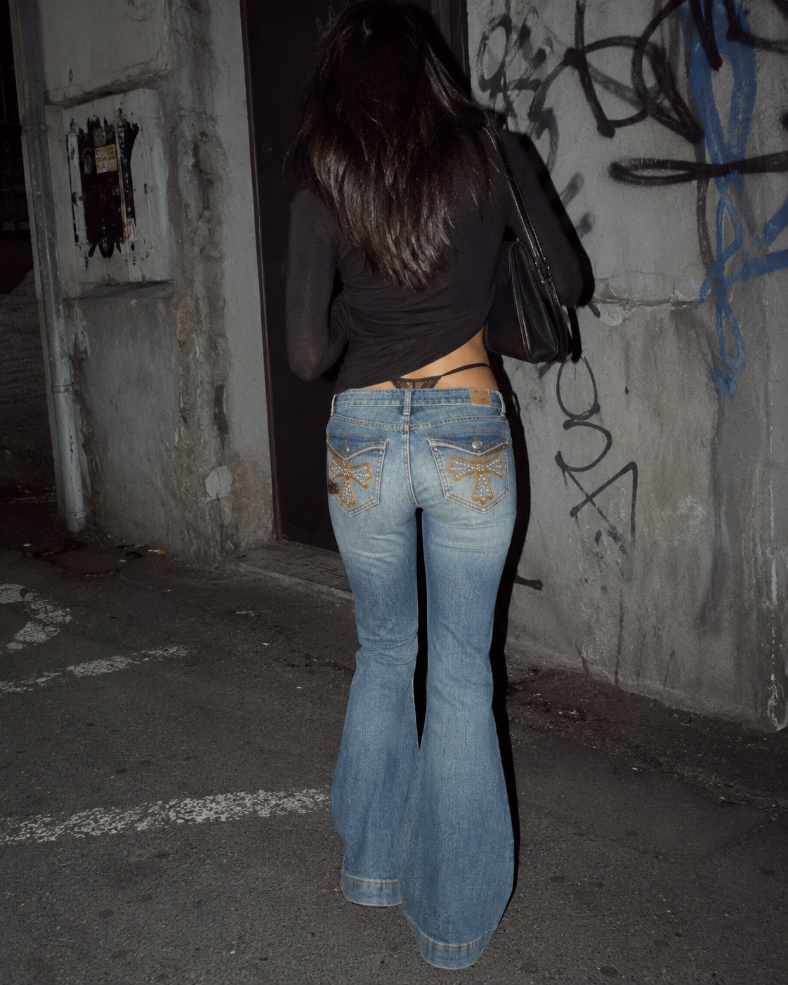 Y2K Cross Rhinestone Bootcut Denim - Light Blue