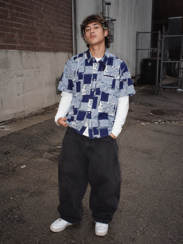 Bossly Vintage Baroque Tile Patchwork Short Sleeve Shirt – Ice Blue / Navy