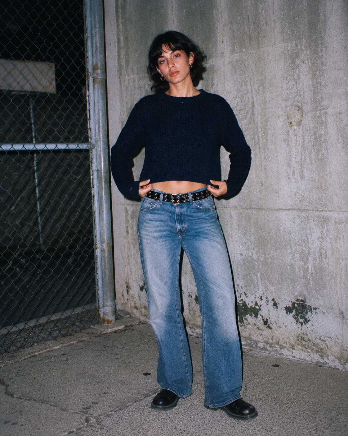Abercrombie & Fitch Y2K Chunky Knit Cropped Sweater - Navy Blue / Grunge Coquette