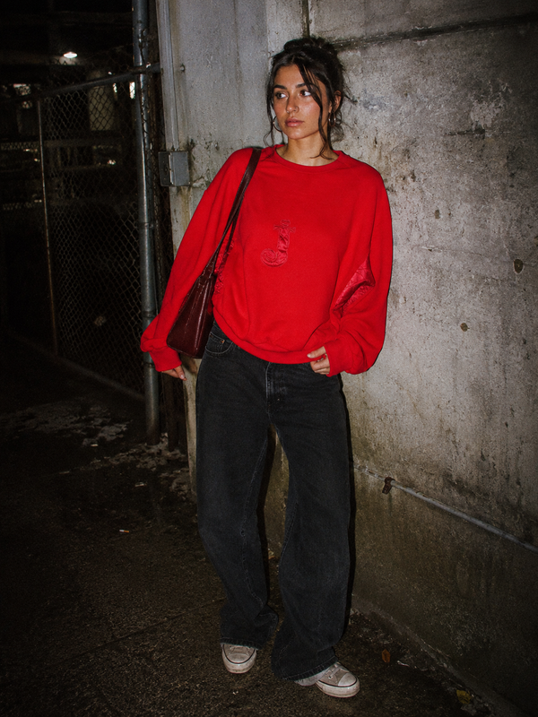 Vintage 90s Satin Detail Letter "J" Patch Crewneck Sweatshirt - Fire Red / Oversized Boxy Cut