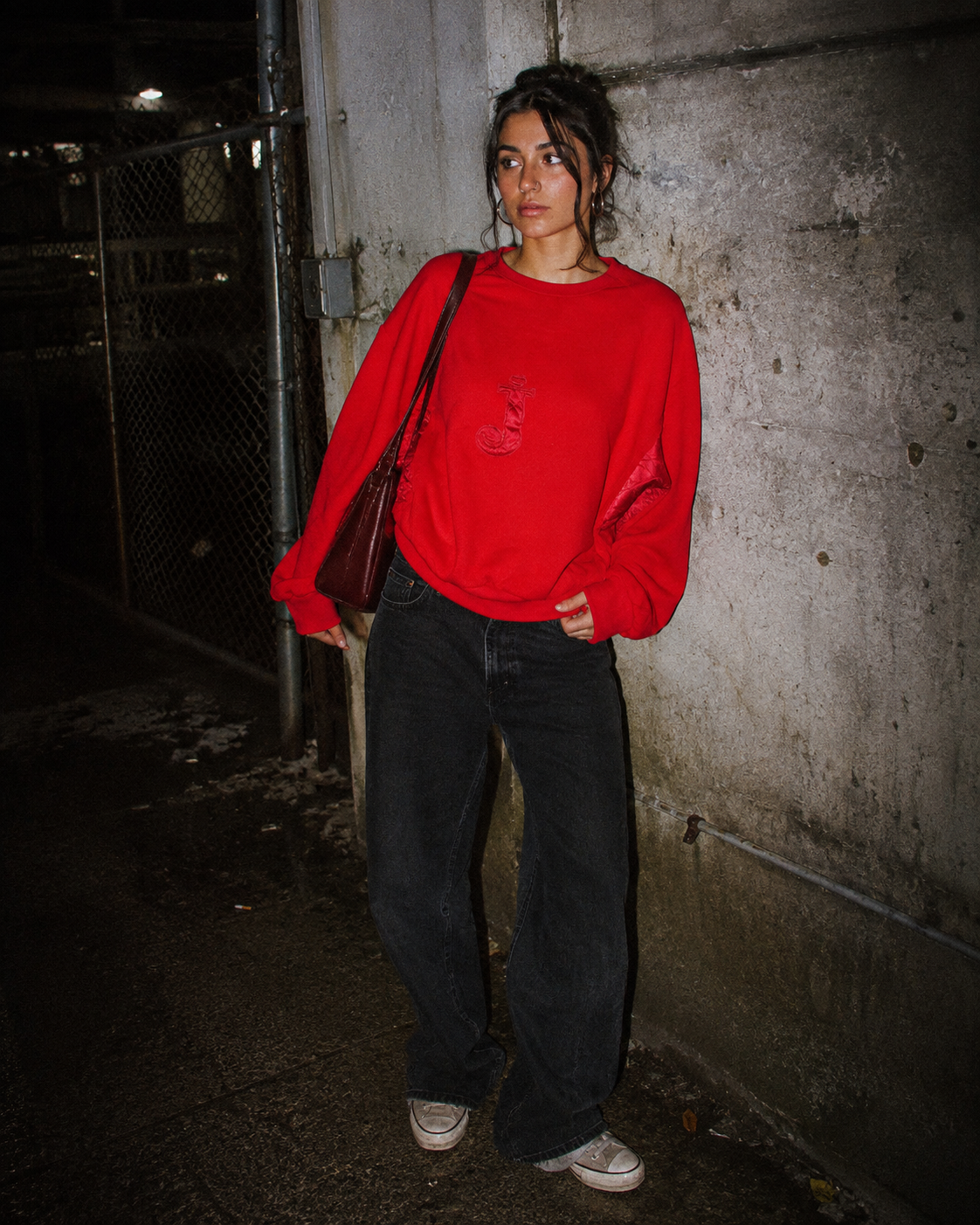 Vintage 90s Satin Detail Letter "J" Patch Crewneck Sweatshirt - Fire Red / Oversized Boxy Cut