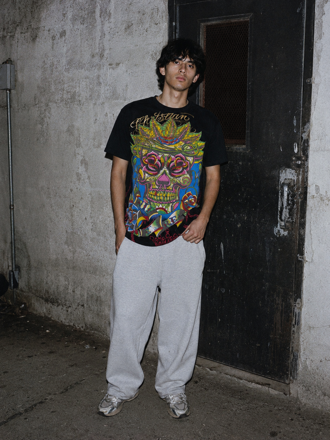 Christian Audigier Archive Rhinestone Skull "Los Angeles" Graphic Tee - Black/Multicolor