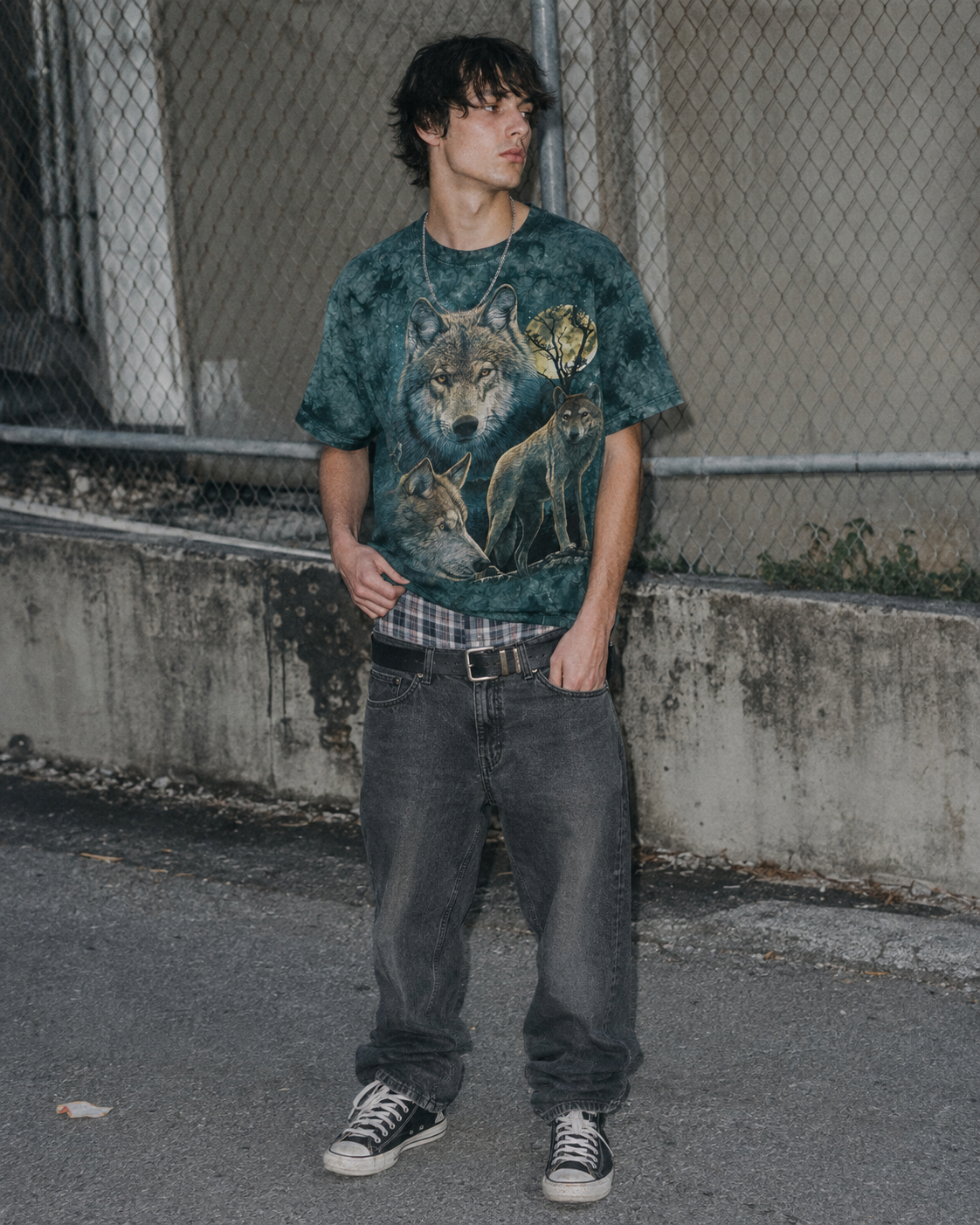 Vintage "Wolfpack Moonlight" Graphic Tee – Green Tie-Dye Y2K Acid Wash