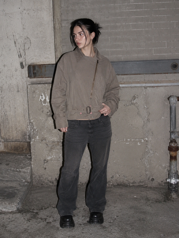 Madeleine Vintage Asymmetrical Belted Biker Silk Jacket - Washed Greyish Taupe Earth Tones