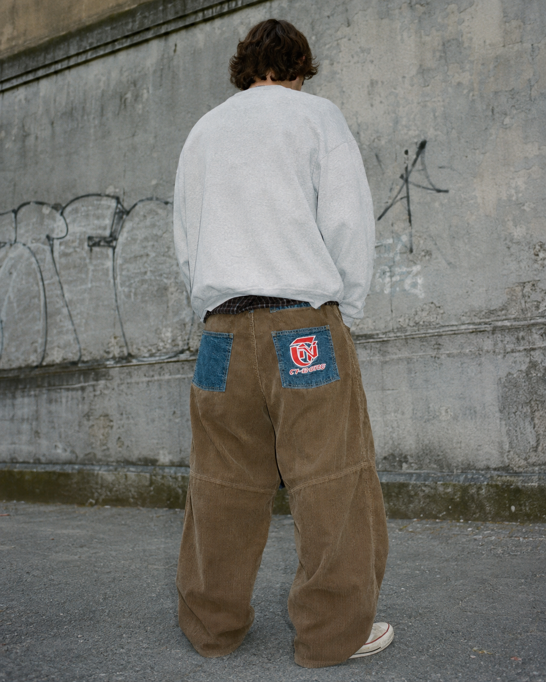 CI-BORG Y2K Cyber Skater Corduroy Denim Patchwork Baggy Pants – Brown / Blue Wash