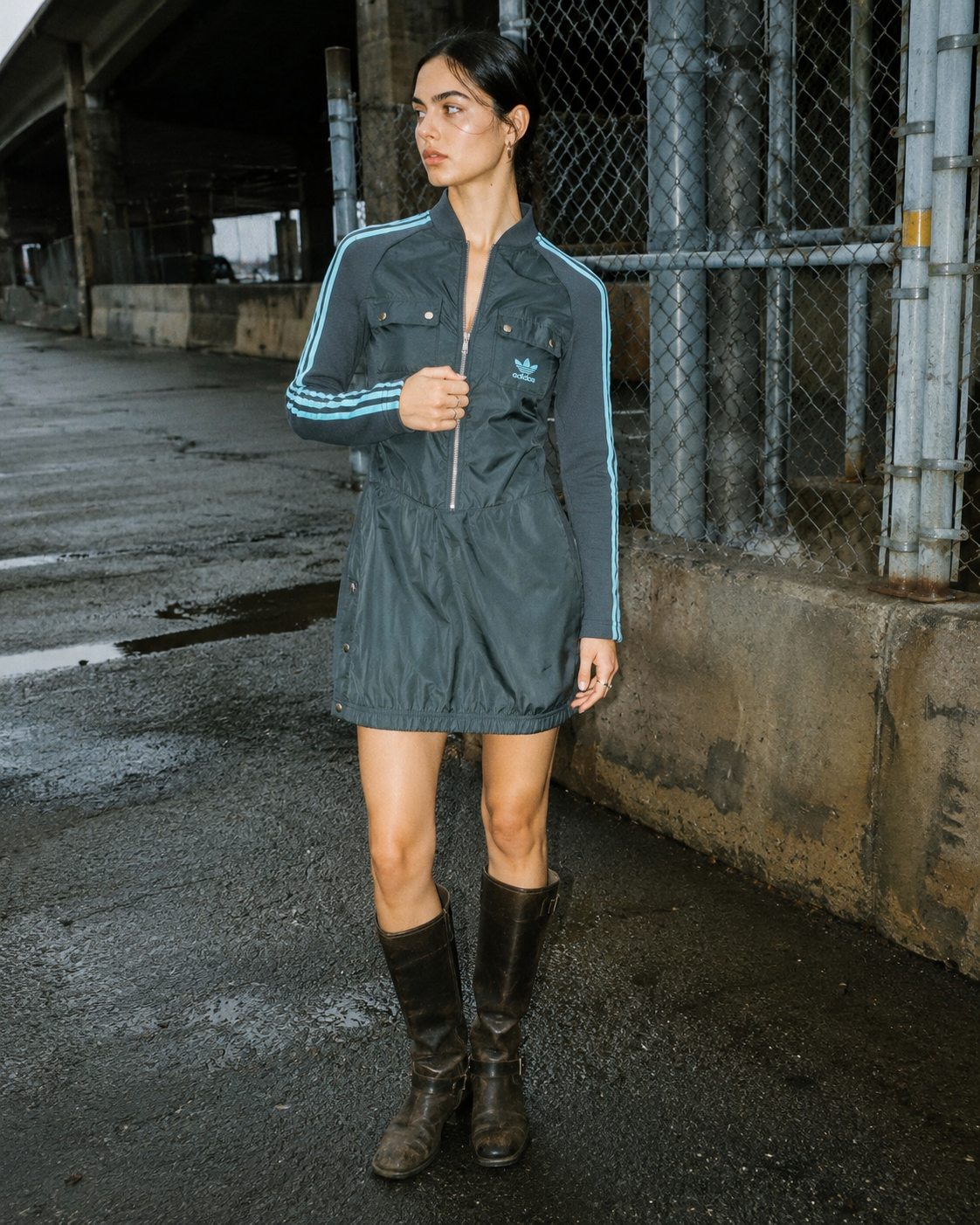 Adidas Originals Archive "Sample" Zip-Up Track Cargo Dress - Slate Grey / Baby Blue Cyber Y2K