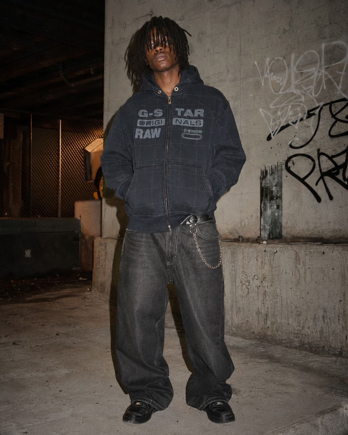 G-Star RAW Vintage "Grid Stitch" Graphic Zip Hoodie - All Black