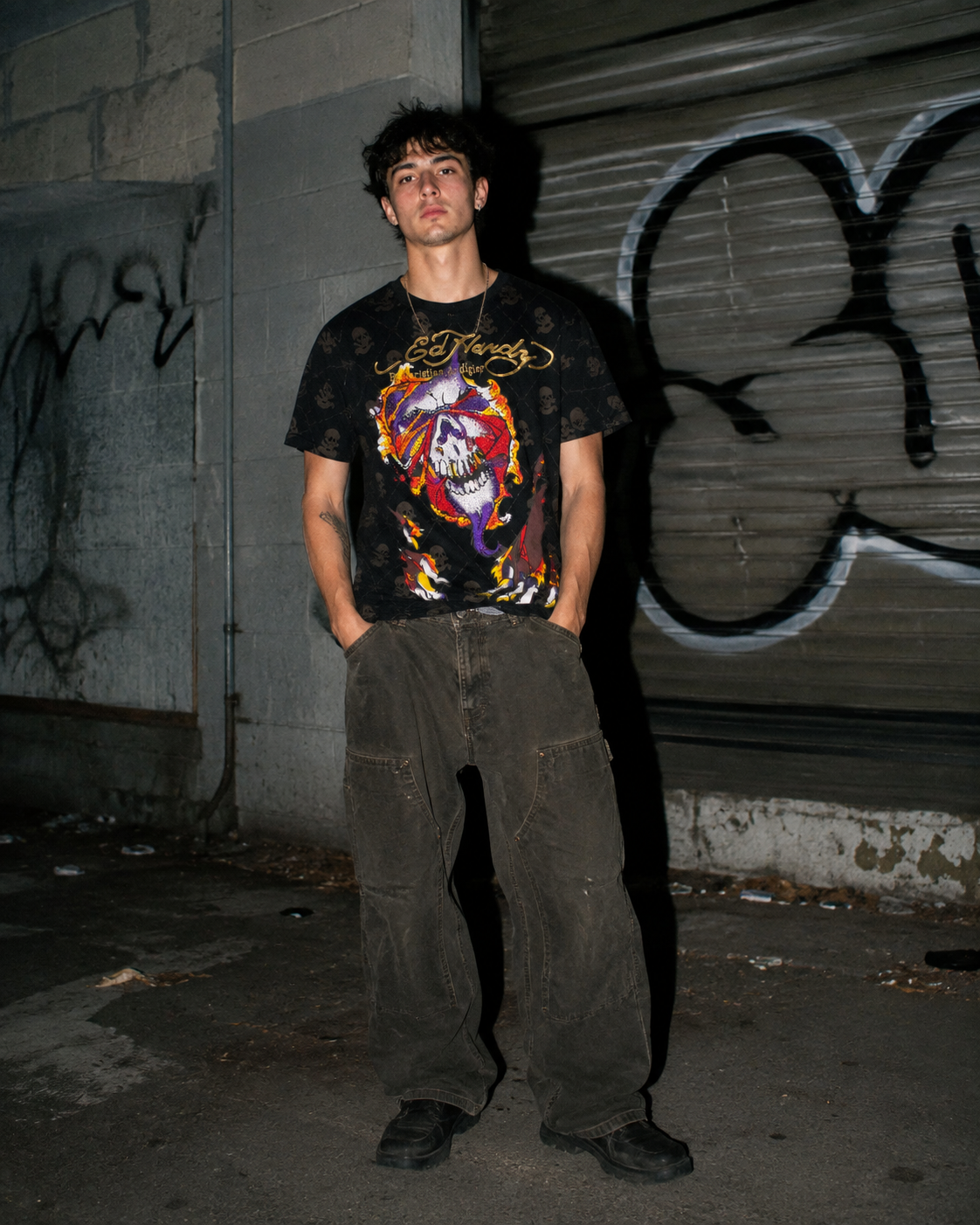Ed Hardy by Christian Audigier Rhinestone Skull Tee - All Over Print Black