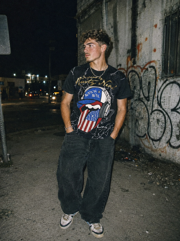 Rusty Neal "Rock 'N' Roll" Graphic Rhinestone Tee - Black / Y2K Rocker Grid